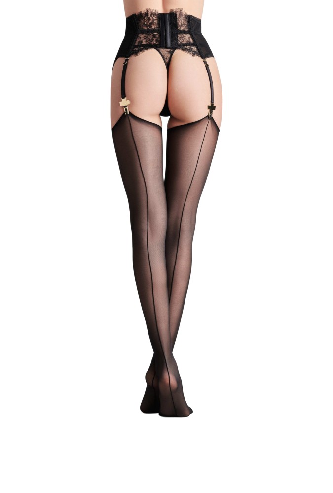 Cut and curled back seamed stockings - 20D - Black